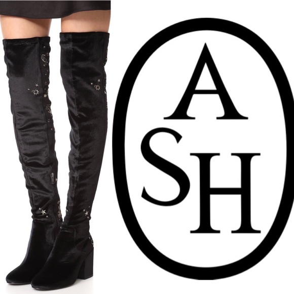 ASH Eros Black Velvet Star Over the Knee Boots - Picture 2 of 16